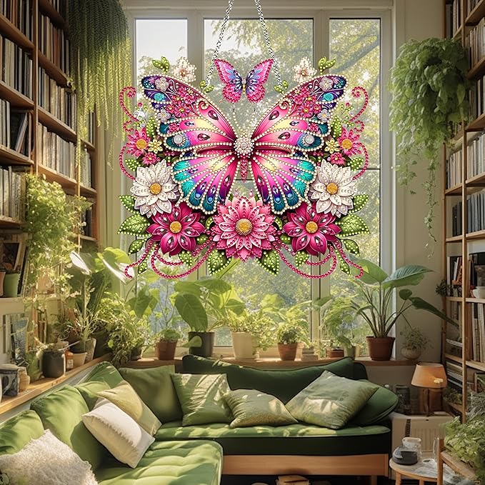 JJFox DIY Acrylic Diamond Art Painting Wreath Kits Special Shaped Rhinestone Diamond Art Window Pendants Home Garden Wall Hanging Kits Hanging Ornament (Butterfly-2)