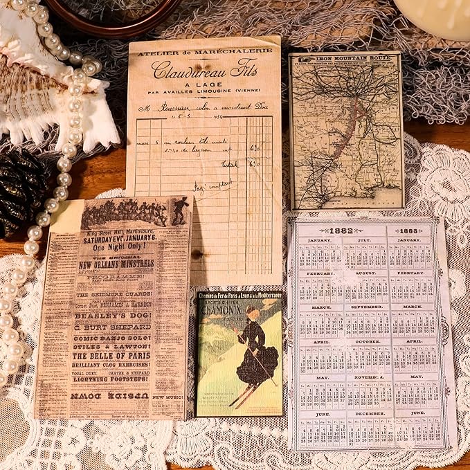 CATaireen Vintage Junk-Journal Mixed Paper Scrapbooking Embellishments Set Retro Journaling Decoupage Stickers Textured Packaging Decorative Cards Tags Kit (Poster B)