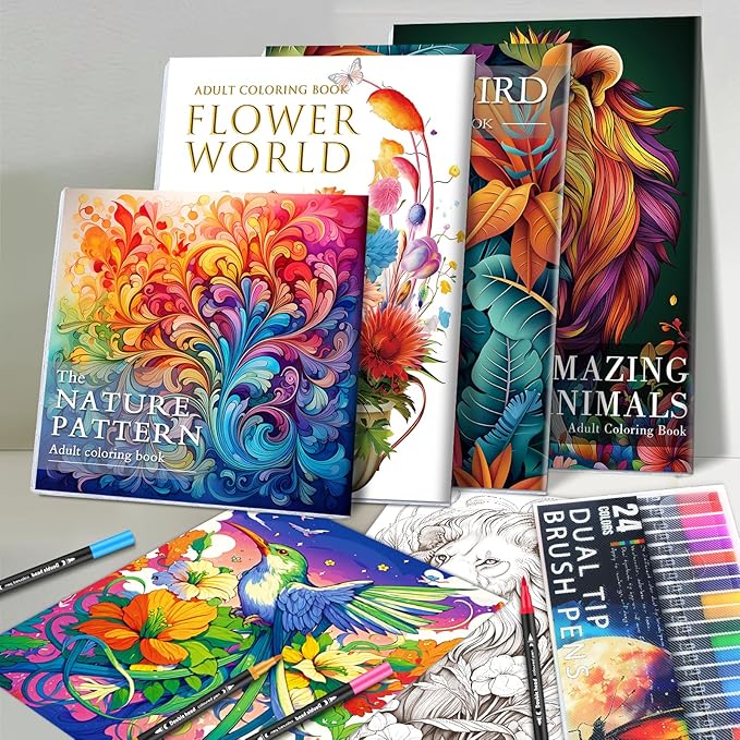 Adult Coloring Book for Adults Relaxation, Stress Relief Coloring Book with 24 Dual Tip Markers, Relaxing Gifts for Women with 128 Patterns Include Animals Flowers Plant Birds Nature Style (4 Pack)