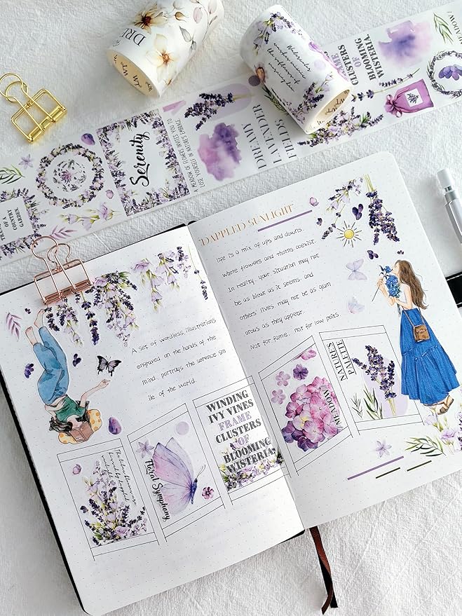 WT Pre-Cut Purple Muse Wide Washi Tape – Soft Purple Florals & Poetic Accents, 70mm×5m, Artistic Tape for Journaling, Scrapbooking, Planner & DIY Crafts