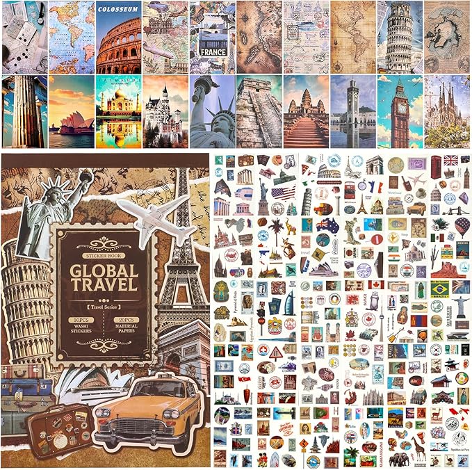 Scrapbook Stickers - 300 Pre-Cut Washi Stickers & 20 Scrapbook Papers for Travel Journaling