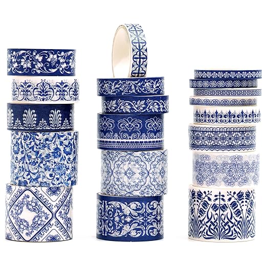 Blue & White Porcelain Washi Tape Set, Traditional Chinese Ceramic Pattern Decorative Masking Tapes, Oriental Art for Craft, Scrapbook, DIY, Gift Wrapping (2-Echoes of Blue/19 Rolls)