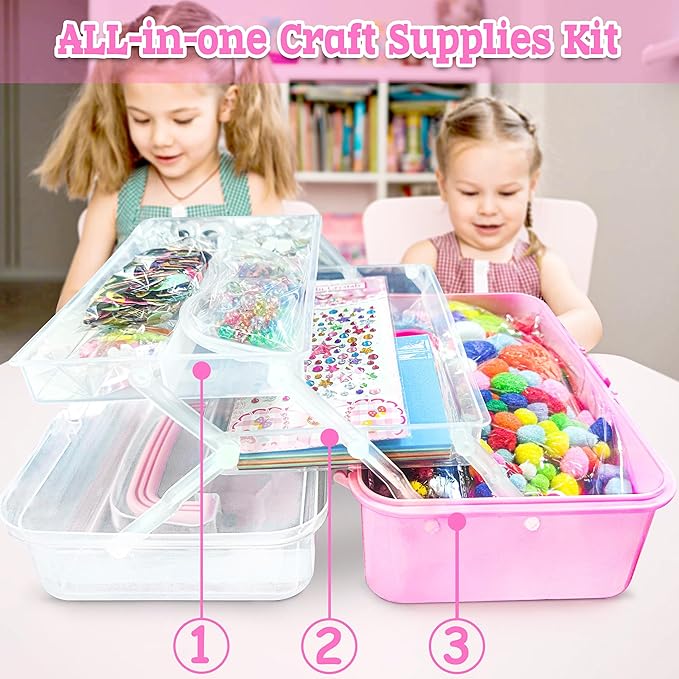 LINAYE 3000PCS Arts and Crafts Supplies Kit for Kids, DIY Craft Box Kits, Craft Supplies Set Include Pompoms, Pipe Cleaners for Kids Ages 4-6 6-8 Birthday Christmas Gifts for Boys Girls Rose