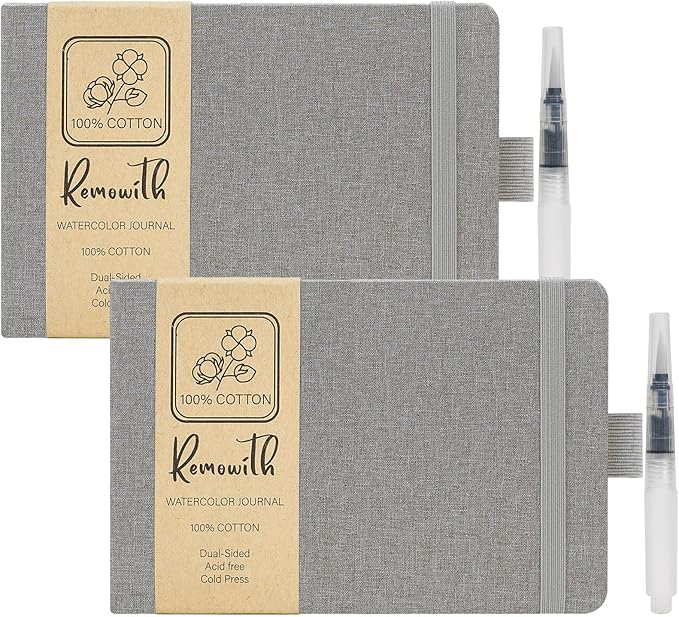 Watercolor Journal Sketchbook, 5.5" x 8.2" Sketch Books Artist Cotton Watercolor Paper, Linen Cover with Tap Water Pen, 24 Sheets 140 LB, 300 GSM for Travel Sketching On The Go Art, 2 Pack