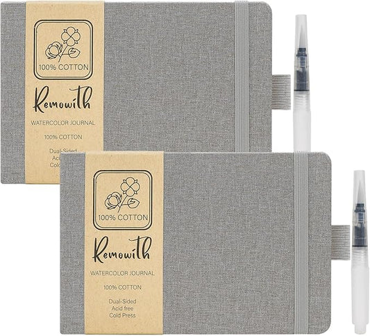 Watercolor Journal Sketchbook, 5.5" x 8.2" Sketch Books Artist Cotton Watercolor Paper, Linen Cover with Tap Water Pen, 24 Sheets 140 LB, 300 GSM for Travel Sketching On The Go Art, 2 Pack