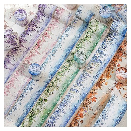 Washi Tape Stickers for Scrapbooking Supplies, 6 Rolls of Holographic Nature Seasons Ripples Themed Scrapbook Stickers for Journaling, Junk Journal Supplies, Planer (Flower)