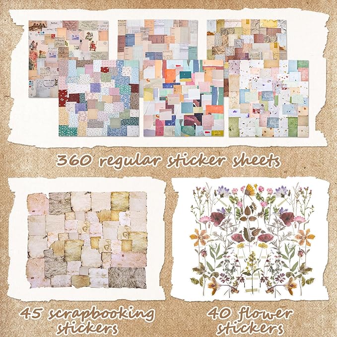 Prudiut 445 Pcs Vintage Scrapbook Paper, Journaling Supplies Kit, Delicate Decorative Paper with Floral Stickers & Multi-Size Scrapbook Paper for Junk Journal, DIY Collage Art, Vintage Crafts