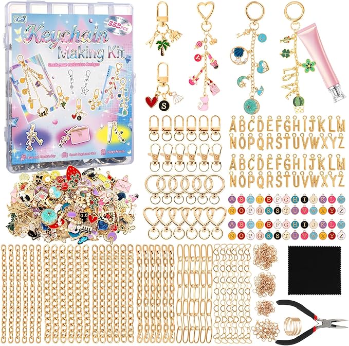 Zefy 552Pcs Charms Lip Gloss Keychain Making Kit, Gold Bag Charm Kit, Including 214 Charms 24 Key Chain Clips with Organizer Box, DIY Craft Supplies for Jewelry Making and Gifts