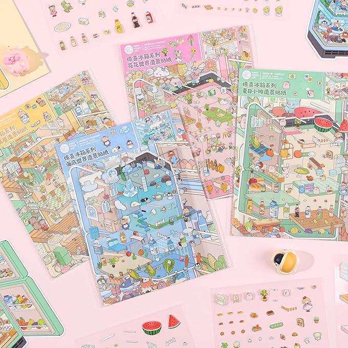 4 Sets DIY 3D House Scene Stickers, Fridge-Themed, Scene Miniature Stickers, Cute Cartoon Scenes for Women Girls Teen Kids, Make Your Own Sticker, Fun Room Sticker Book Relief Stress Pass The Time