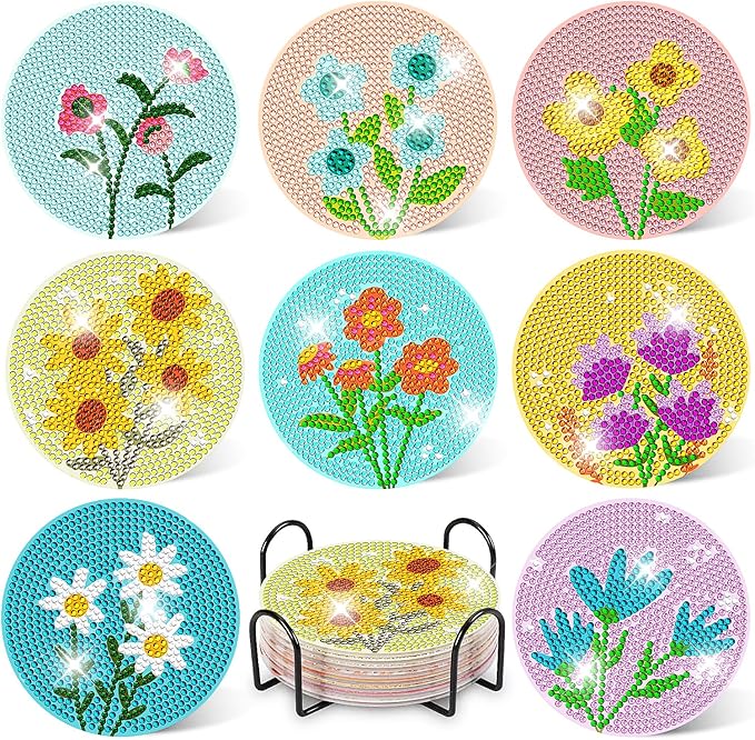 DOTZSO 8 Pcs Diamond Art Coasters Kit with Holder, Diamond Art Kits for Adults Beginners Small Diamond Painting Coasters, Arts and Crafts for Adults Supplies Item Sets (Flower)