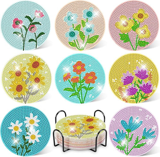 DOTZSO 8 Pcs Diamond Art Coasters Kit with Holder, Diamond Art Kits for Adults Beginners Small Diamond Painting Coasters, Arts and Crafts for Adults Supplies Item Sets (Flower)