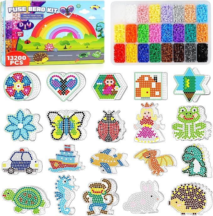 funzbo 13200 5mm fuse beads kit - christmas fuse beads set with 20 pcs special shaped pegboards, home school arts and crafts supplies for kids, christmas gifts for girls and boys age 5+ years old