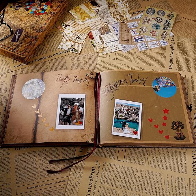 JIMBON Our Adventure Book Scrapbook Photo Album,Retro Style Embossed Letter Cover Travel Diary Journal Scrap Book Kit For Couples,Memory Book For Anniversary Wedding