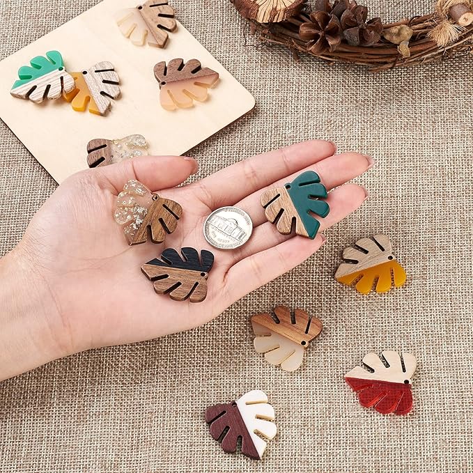 Beadthoven 22pcs/11 Pairs Natural Wood Resin Charms Monstera Leaf DIY Earrings Pendants Mixed Colors Tropical Palm Leaves Wooden Pieces Pendants for Statement Jewelry Making Findings