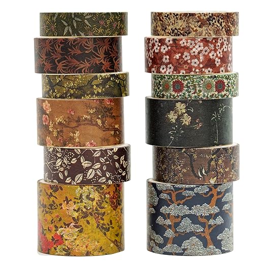 12 Rolls Chinoiserie Washi Tape Set Chinese Arts Adhesive Tapes Geometric Garden Decorative Masking Tape Sets for Craft, Kids, Scrapbook, DIY, Gift Wrapping (Serene Mountain Abode)