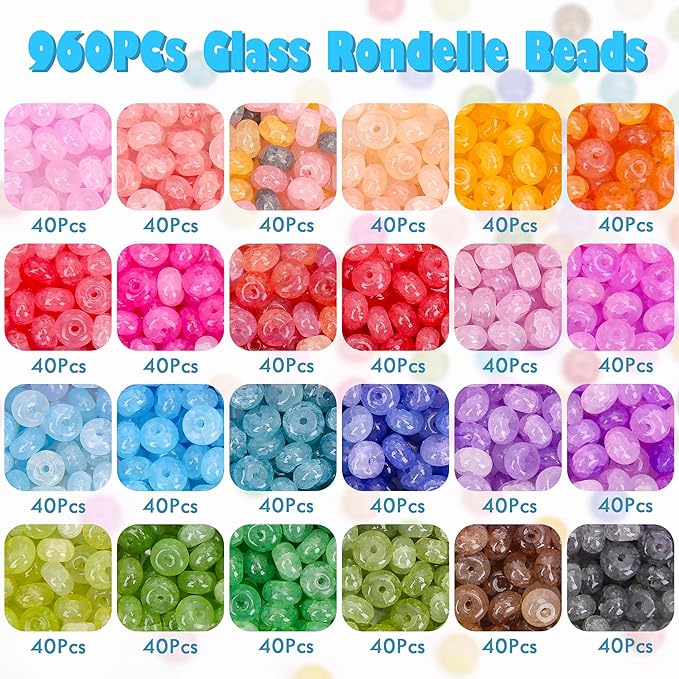 BONNY BOXX 960PCs Rondelle Glass Beads for Jewelry Making, 24 Colors Abacus Crystal Beads (5x8mm), Gemstone Spacer Bead for Bracelets Necklaces Earrings, DIY Crafts Supplies Kit with Organizer Box
