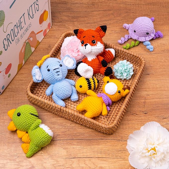 CROBABIO 6Pcs Crochet Kit for Beginners, 2026 DIY Craft for Adults and Kids, Great Gift for Crochet Lovers, Crocheting Animal Kits with Step by Step Videos,Yarn,Crochet Hook,Birthday Holiday Gift