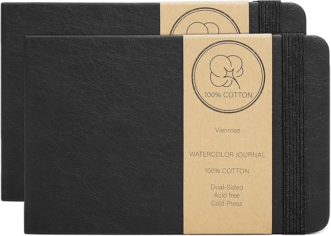 Vienrose Watercolor Sketchbook 2 Pack, 3.5"x5.5" Watercolor Journal with 24 Sheets 48 Pages 140 LB (300 GSM) Cotton Watercolor Paper, Black Leather Cover Water Coloring Sketch Book As Travel Notebook