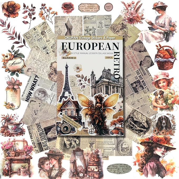 okupan vintage scrapbook stickers and ephemera pack – pre cut design scrapbooking supplies with 216 washi stickers & 30 papers for jounk journaling, planners, diy crafts, card making