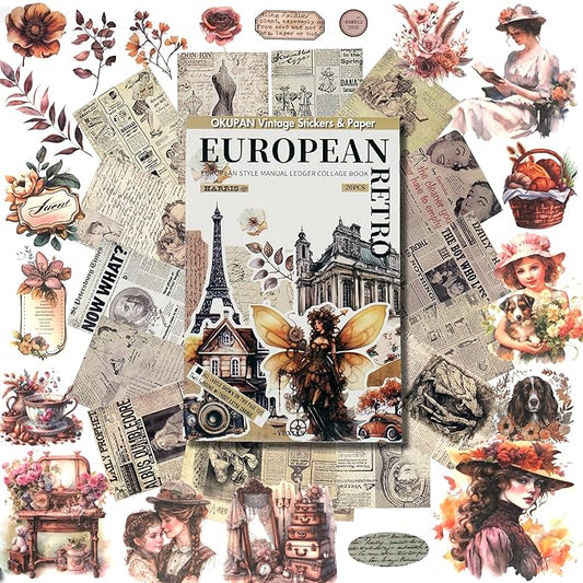 okupan vintage scrapbook stickers and ephemera pack – pre cut design scrapbooking supplies with 216 washi stickers & 30 papers for jounk journaling, planners, diy crafts, card making