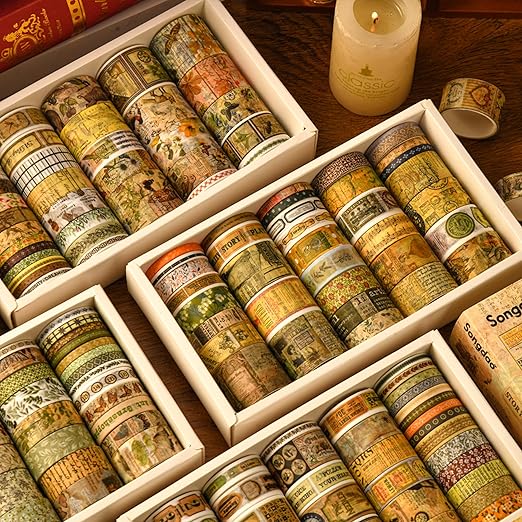 36 Rolls Vintage Washi Tape Pack Retro Arts Adhesive Tapes Wide Chronicle Decorative Masking Tape Sets for Craft, Kids, Scrapbook, DIY, Gift Wrapping (Madame de Pompadour)