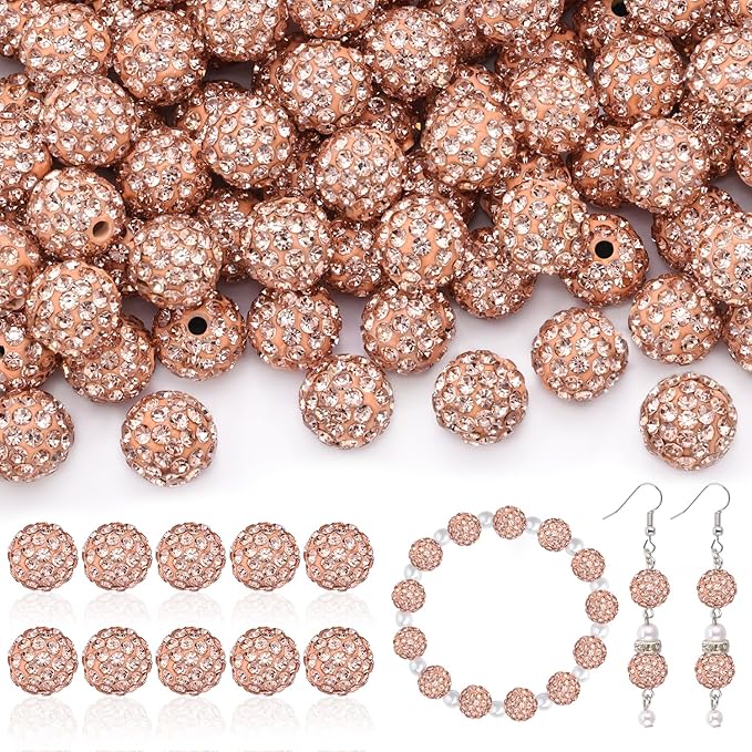 200pcs 10mm rhinestone beads for jewelry making, light peach shiny round disco ball beads bulk, sparkle crystal clay christmas for bracelet baseball necklace earring crafting and diy