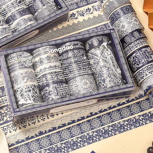 Blue & White Porcelain Washi Tape Set, Traditional Chinese Ceramic Pattern Decorative Masking Tapes, Oriental Art for Craft, Scrapbook, DIY, Gift Wrapping (2-Echoes of Blue/19 Rolls)