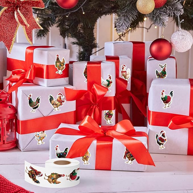h1vojoxo christmas chicken sticker rolls - 1000pcs christmas chicken stickers in 2 rolls 16 designs funny xmas chickens realistic label tag seal sticker for kids craft envelopes xmas party supplies