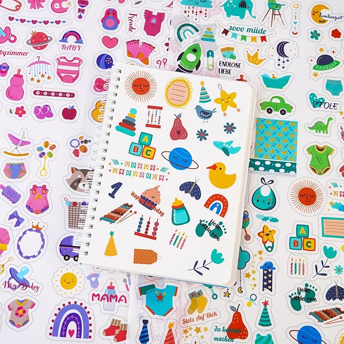4 Sheets Baby Scrapbook Stickers – 215 Pcs Newborn Journal Stickers for Memory Book, Baby Shower, Milestone, Planner – Waterproof Baby's First Year Scrapbook Decals Supplies