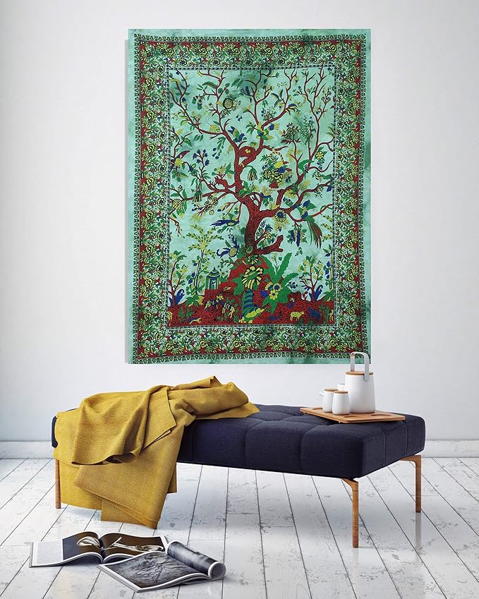 the art box tapestry green tree of life wall hanging – indian cotton small size bedspread, picnic sheet, wall decor, blanket, wall art for bedroom (30x40 inch)