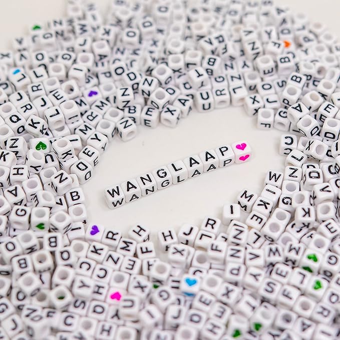 1120Pcs Square Acrylic 6x6mm Alphabet A-Z Letters Beads with Numbers Colorful Hearts Cube Beads for Phone Lanyard Friendship Bracelets Necklaces (White-1120-Organized)