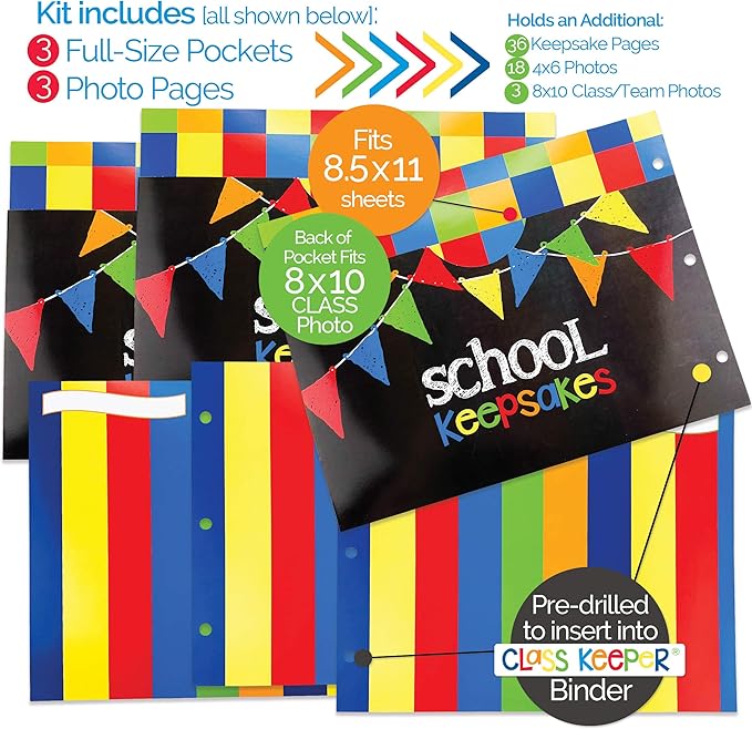 Denise Albright School Memory Scrapbook (3 Sets) Refill Extra Pockets and Photo Pages Kits for Class Keeper® Memory Keepsake Book for Girls and Boys