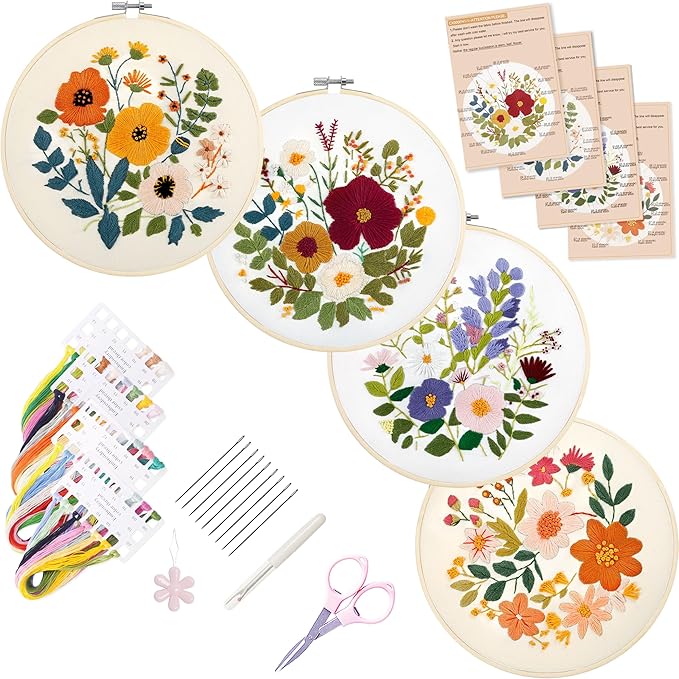 bonroy embroidery kit for beginners with instructions,cross stitch kits for adults with pattern,needlepoint kits for adult include embroidery cloth hoops needles threads (flowers2)
