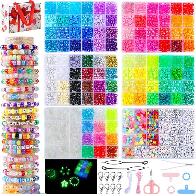 SJZWSD 6 Boxes Bracelet Making Kit Pony Beads, 8mm Kandi Rave & Hair Beads Set with UV Color Changing, Glow-in-Dark, Chrome & Alphabet Letters for Friendship Jewelry DIY Crafts