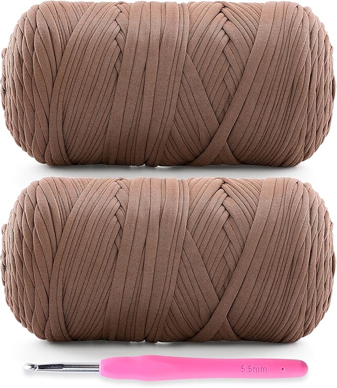 2 Pack Soft T-Shirt Yarn for Crochet, T Shirt Yarns for Crocheting Crafts, Bags, Basket, Coaster, Tshirt Yarns - 800 G/260 Yds with 1 Crochet Hook (2, Coffee Color)