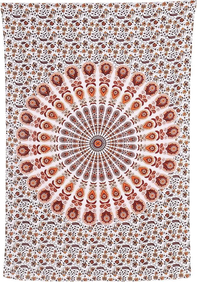 bless international handmade indian hippie bohemian psychedelic peacock mandala wall hanging college dorm beach throws table cloth bedding tapestry (orange brown, poster(30x40inches)(76x101cms))