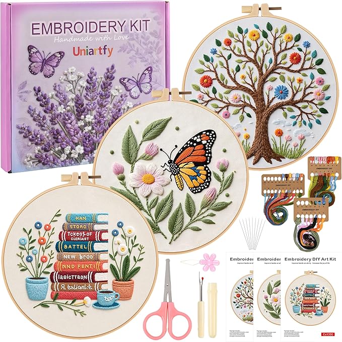 3 Sets Embroidery Kit for Beginners with Stitch Video, Flower Butterfly Tree Books Cross Stitch Kits for Adults, Needle Point Kits with Stamped Pattern, Hoop, Needles, Tools, DIY Arts and Crafts