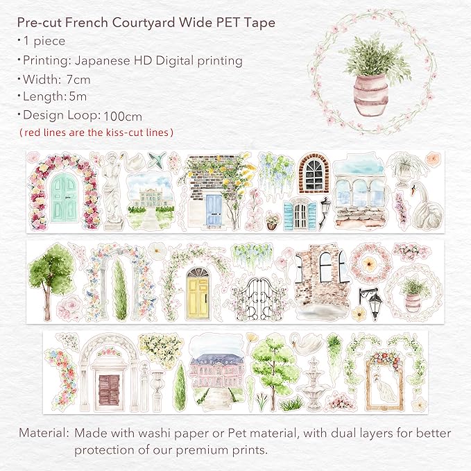 WT Pre-Cut French Courtyard Wide PET Tape, Single Roll, Romantic European Courtyard Style with Floral Designs, Transparent Decorative Tape for Journaling, Scrapbooking, Planner, DIY Crafts