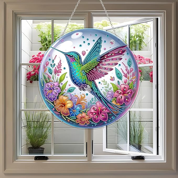 JJFox Diamond Art Hanging Kit for Adult,Special Shaped Rhinestone,DIY Acrylic 5D Diamond Art Painting Window Pendants Home Garden Wall Hanging Kits Hanging Ornament,Double Sided. (Hummingbird)