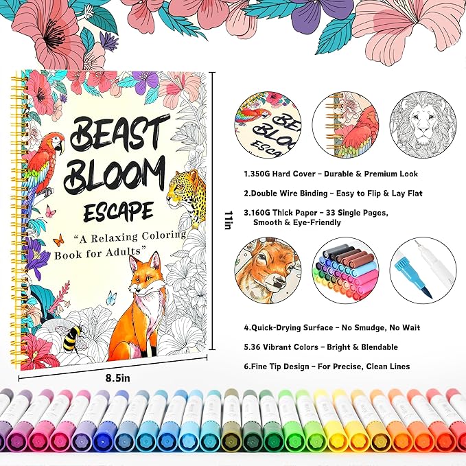 Adult Coloring Book Set with 36 Markers, Spiral Bound Floral & Animal Designs, Relaxing Creative Coloring Book for Adults, Valentine’s Gifts for Her