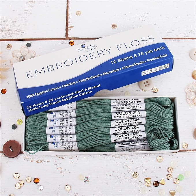 12 Skeins ThreadArt Premium Egyptian Long Fiber Cotton Embroidery Floss | Sea Green | 6 Strand Divisible Thread 8.75yds Each for Hand Embroidery, Friendship Bracelets, Cross Stitch and Crafts