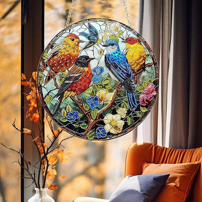 DIY Diamond Art Painting Wreath Kits，Special Shaped Rhinestone Hanging Ornament Diamond Art Window Pendants for Gift Home Garden Wall Hanging Kits,Double Sided (Bird-1)