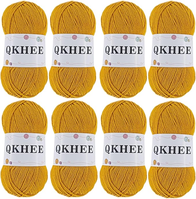 QKHEEYarn for Crocheting and Knitting 8 * 1.76 Oz (50G) /195yd,Fine/Fingering Weight (1), 60% Cotton 40% Acrylic Soft Yarn kit for Making Granny Squares and amigurumi (48#Gold)