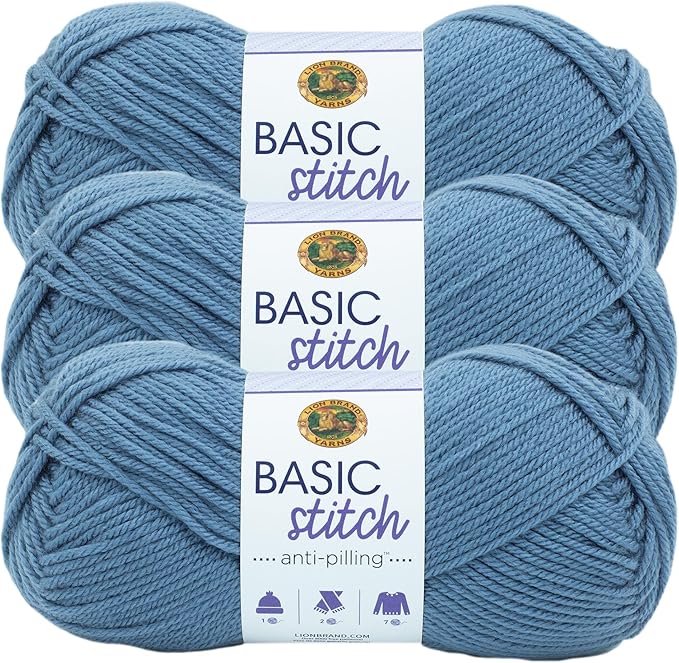 Lion Brand Yarn Basic Stitch Anti-Pilling Yarn for Crocheting, Knitting, and Crafts, Stonewash, 3 Pack