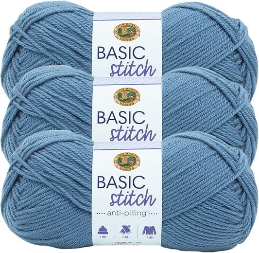 Lion Brand Yarn Basic Stitch Anti-Pilling Yarn for Crocheting, Knitting, and Crafts, Stonewash, 3 Pack
