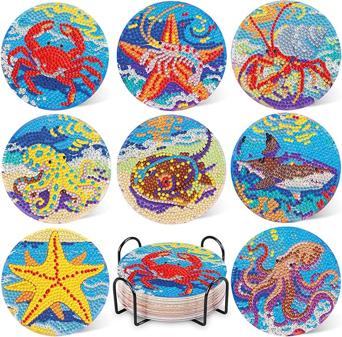 8 Pcs Ocean Diamond Art Coaster Kits with Holder,Diamond Painting Coasters for Adults Beginners,Home Decor Abstract,Fun Gifts for Women