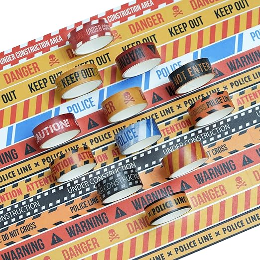 12 Rolls Warning Washi Tape Set Hazard & Caution Pattern Adhesive Tapes Police Line & Industrial Style Decorative Masking Tape for Craft, Scrapbook, DIY, Gift Wrapping (Urban Warning)
