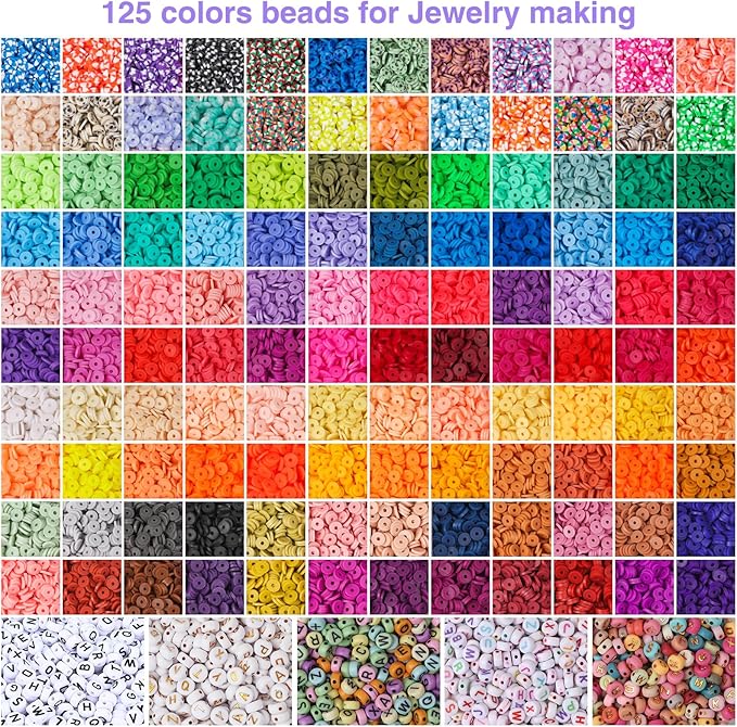 XSEINO 23000Pcs Clay Beads Bracelet Making Kit, 6Boxes 125Colors Friendship Polymer Beads and 5 Styles Letter Beads with Jewelry Making Accessories and 3 Rolls Crystal Cord for Crafts Christmas Gifts