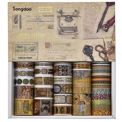 36 Rolls Vintage Washi Tape Pack Retro Arts Adhesive Tapes Wide Chronicle Decorative Masking Tape Sets for Craft, Kids, Scrapbook, DIY, Gift Wrapping (Sophia's Letters)