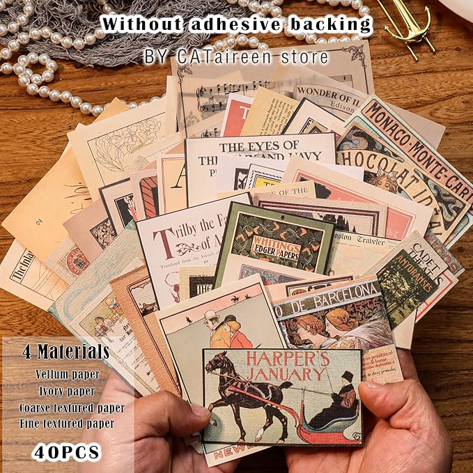 CATaireen Vintage Junk-Journal Mixed Paper Scrapbooking Embellishments Set Retro Journaling Decoupage Stickers Textured Packaging Decorative Cards Tags Kit (Poster C)